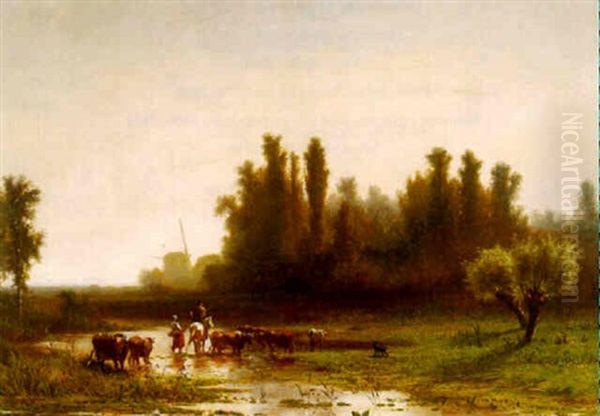 Herders Met Vee Bij Een Voorde Oil Painting by Paul Joseph Constantine Gabriel