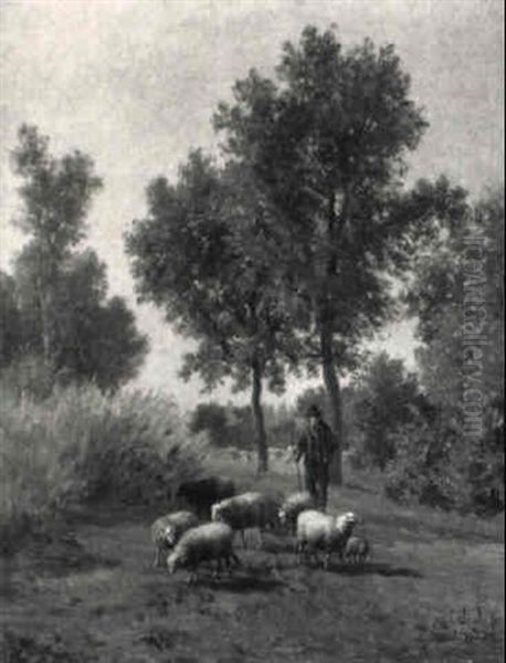 A Shepherd And Flock In A Landscape Oil Painting by Paul Joseph Constantine Gabriel