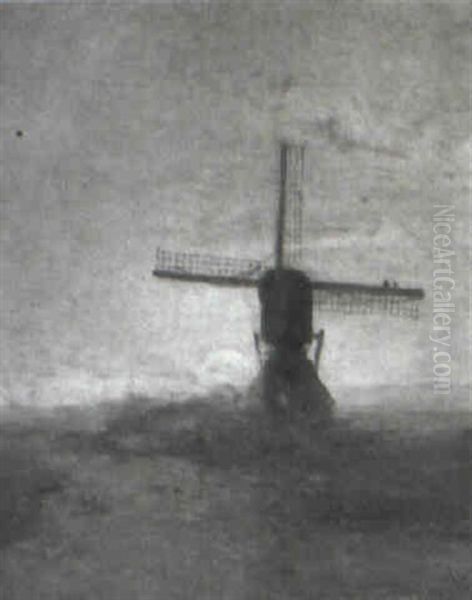 Windmill In A Morning Landscape Oil Painting by Paul Joseph Constantine Gabriel