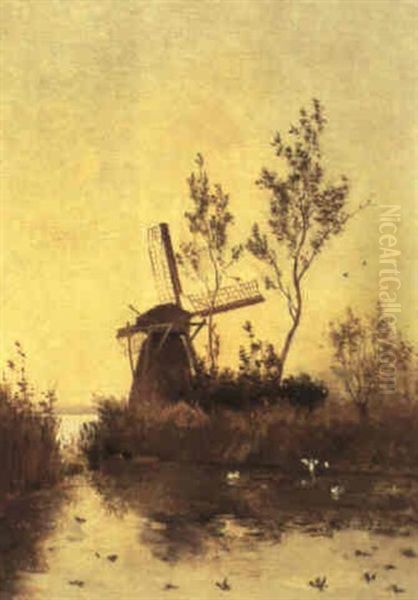 Windmill In A Polder Landscape Oil Painting by Paul Joseph Constantine Gabriel