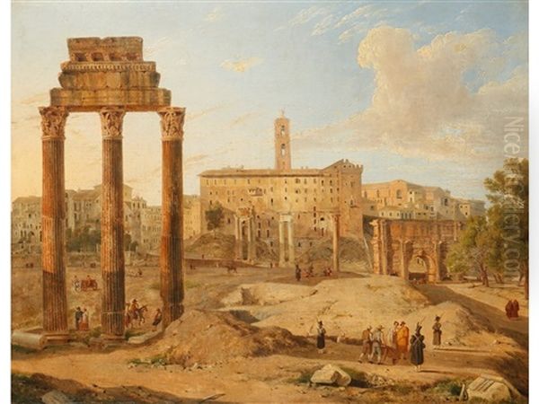 A Pair Of Capriccio Views Of The Forum And The Colosseum In Rome Oil Painting by Gaspare Gabrielli