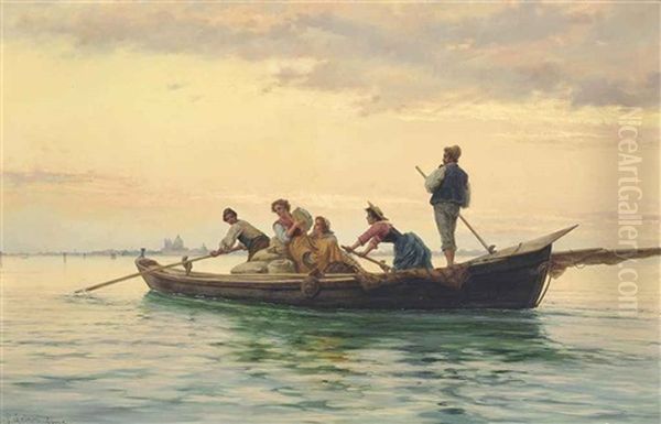 Music Making On The Venetian Lagoon Oil Painting by Pietro Gabrini