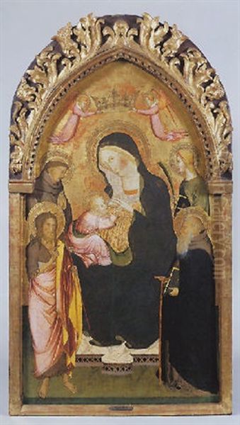 Madone En Trone Allaitant L'enfant, Couronnee Par Deux Anges Volants, Entouree A Gauche Par Saint Francois Et Saint Jean-baptiste Et A Droite Par Une Saint Martyre Et Saint Antoine Abbe Oil Painting by Agnolo di Taddeo Gaddi