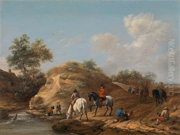 Landschaft Mit Jagern Und Ihren Pferden Auf Der Falkenjagd Oil Painting by Barend Gael