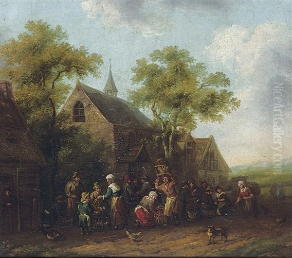 A Village Landscape With Peasants At A Market (+ Peasants At A Pig Market; Pair) Oil Painting by Barend Gael