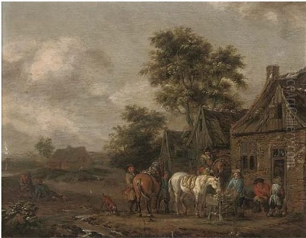 Travellers At Halt By An Inn Oil Painting by Barend Gael