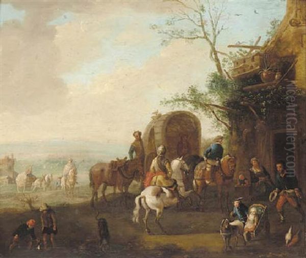 A Soldier And Travellers Outside A Country Inn Oil Painting by Barend Gael