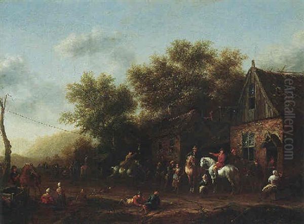 Figures And Sportsmen Gathered Outside An Inn Playing Ganstrekken Oil Painting by Barend Gael