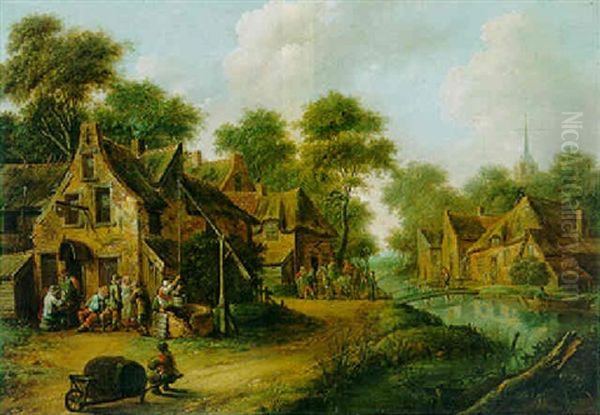 A Peasant Woman Drawing Water From A Well By A Village Inn, Travellers Halting By A Bridge Beyond Oil Painting by Barend Gael