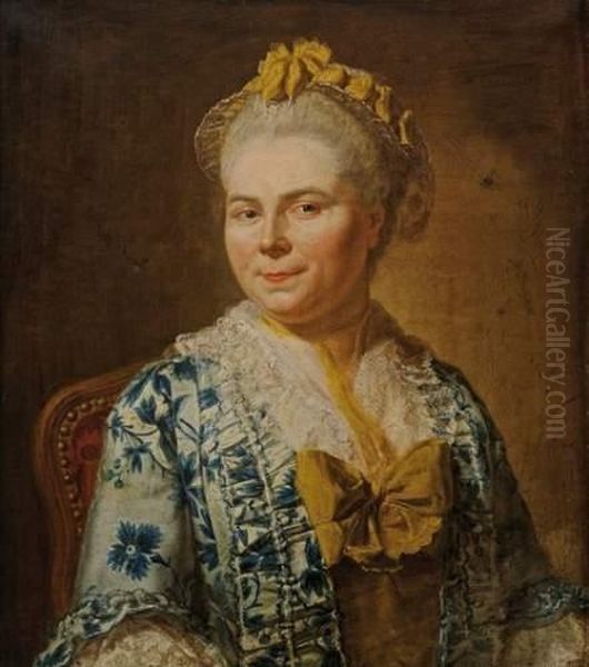 Portrait De Femme A La Robe De Soie Bleue Et Jaune Oil Painting by Jacques-Andre-Joseph Aved