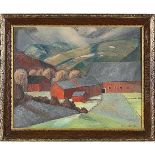 Red Barn Oil Painting by Carl Frederick Gaertner