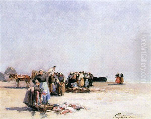 Pecheurs Et Barques Sur La Plage Oil Painting by Julien Gustave Gagliardini