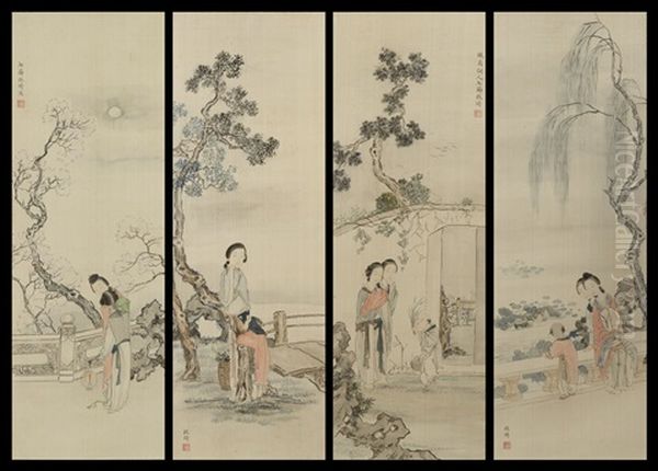 Four Scenes Of Beauties Oil Painting by Gai Qi