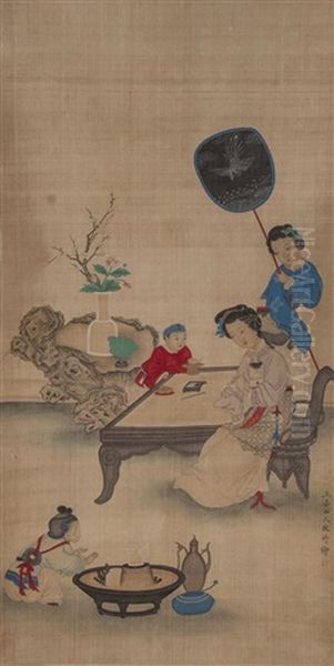 A Lady And A Child Seated At A Table With An Attendant Bearing A Fan, With A Vase Of Flowers On A Naturalistic Table In The Background Oil Painting by Gai Qi