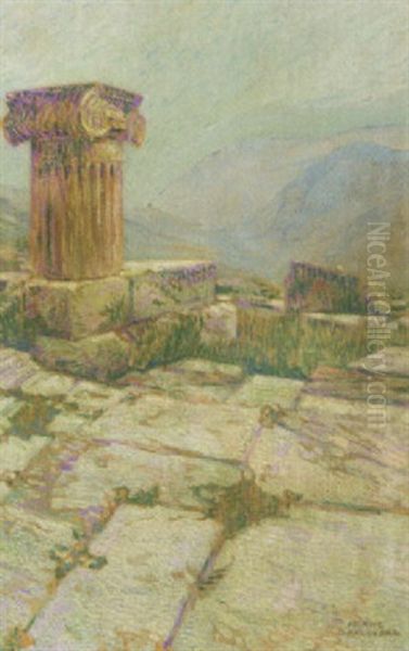 Greek Column In A Landscape Oil Painting by Franz Bernard Gailliard