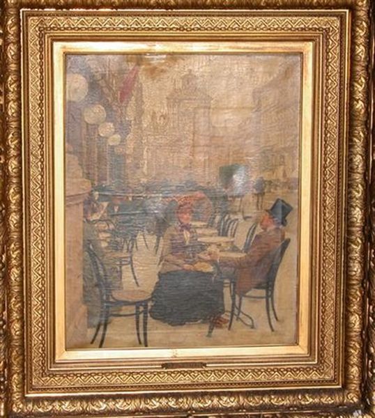 Belgian Street Scene With Sidewalk Cafe And Figures Oil Painting by Franz Bernard Gailliard