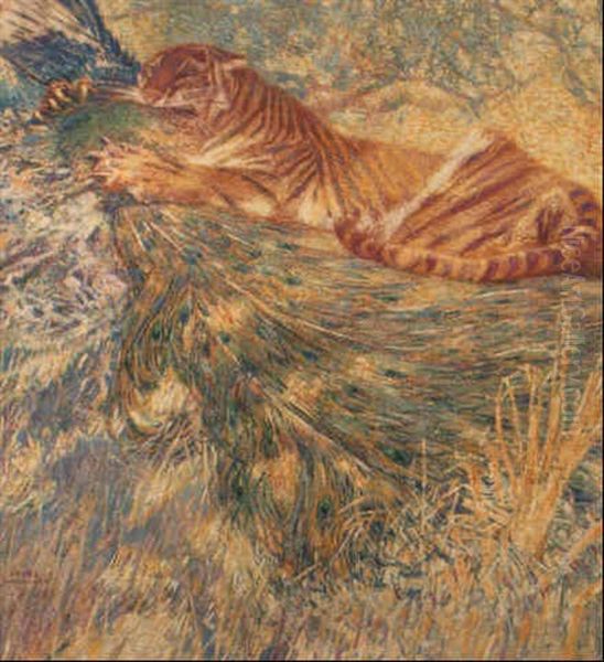 Tigre Devorant Un Paon Oil Painting by Franz Bernard Gailliard