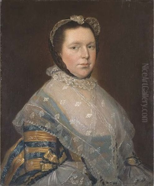 Portrait Of Mrs Thomas Prowse, Half-length, In A Blue And Gold Dress Trimmed With Lace And Ribbons Oil Painting by Thomas Gainsborough