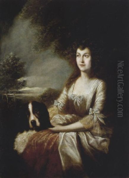 Bildnis Einer Dame Mit Ihrem Hund In Einer Abendlichen Landschaft Oil Painting by Thomas Gainsborough