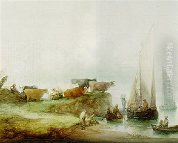 A Coastal Landscape With Figures In Boats, Peasants, Milkmaids And Cattle On The Shore Oil Painting by Thomas Gainsborough