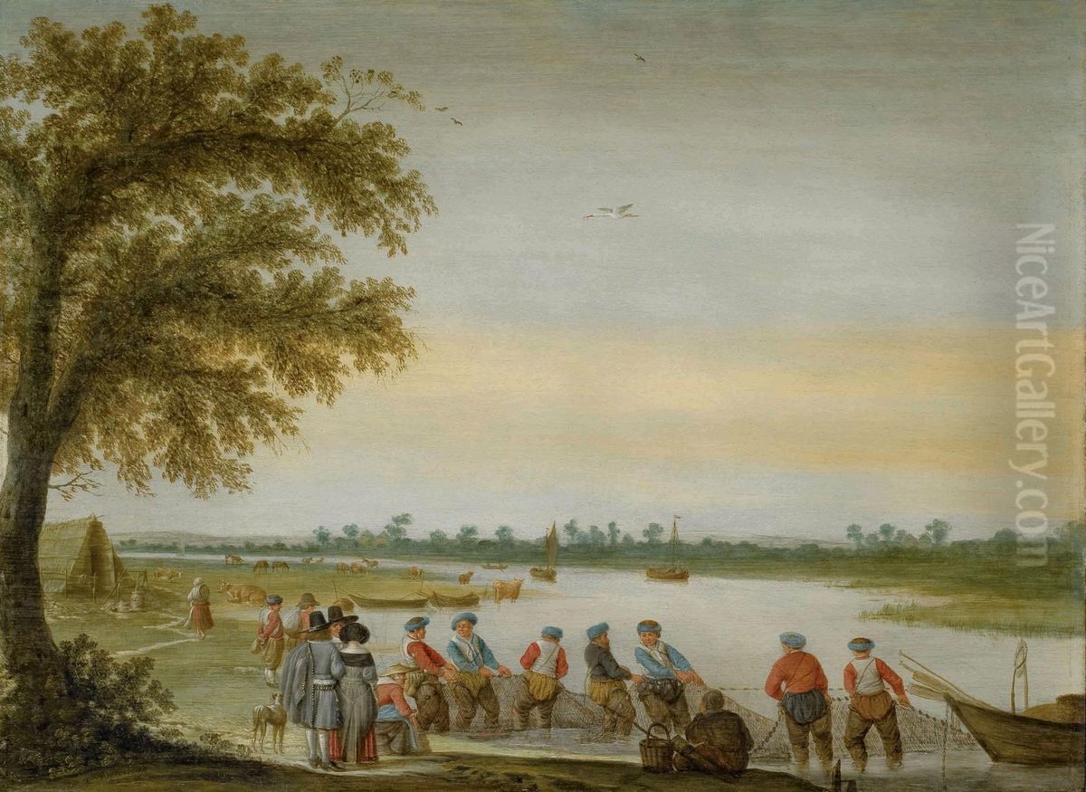 Pecheurs Tirant Leurs Filets Au Bord D'une Riviere Signe 'avercamp' Oil Painting by Barent Avercamp Kampen