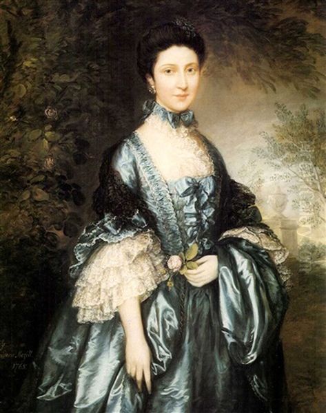 Portrait Of Miss Theodosia Magill, In A Blue Dress And Holding A Rose Oil Painting by Thomas Gainsborough