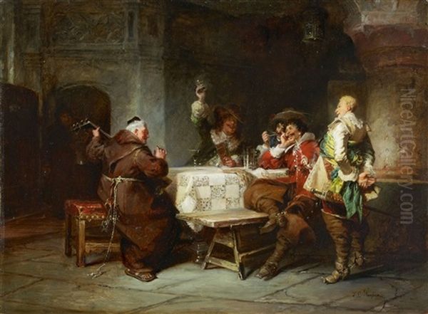 Frohliche Tischgesellschaft Mit Kapuzinermonch Oil Painting by Jakob Emanuel Gaisser