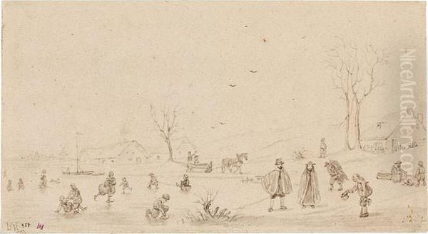 Schlittschuhlaufende Kinder, Im Hintergrund Fuhrwerk, Hauser Und Baume Oil Painting by Hendrick Avercamp