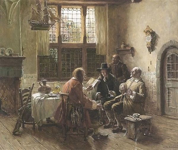 Herrenrunde In Einem Altniederlandischen Interieur Oil Painting by Max Gaisser