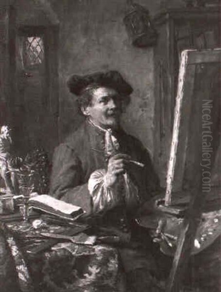 Selbstportrat Des Kunstlers Vor Seiner Staffelei Oil Painting by Max Gaisser