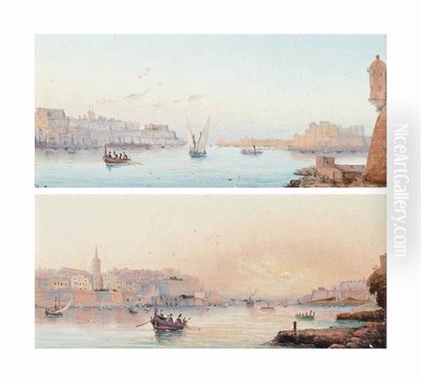 The Grand Harbour, Valletta; And Marsamxett Harbour At Dusk, Valletta Oil Painting by Luigi Maria Galea