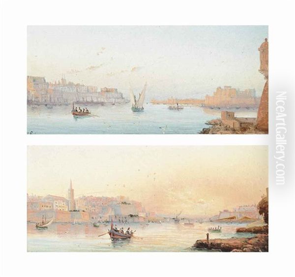 Grand Harbour, Valetta, Early Morning; Grand Harbour, Valetta, Sunset (both Illustrated) (pair) Oil Painting by Luigi Maria Galea