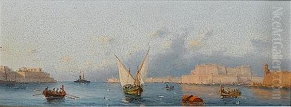 Shipping In The Grand Harbour, Valetta, Malta (+ Another, Similar; Pair) Oil Painting by Luigi Maria Galea