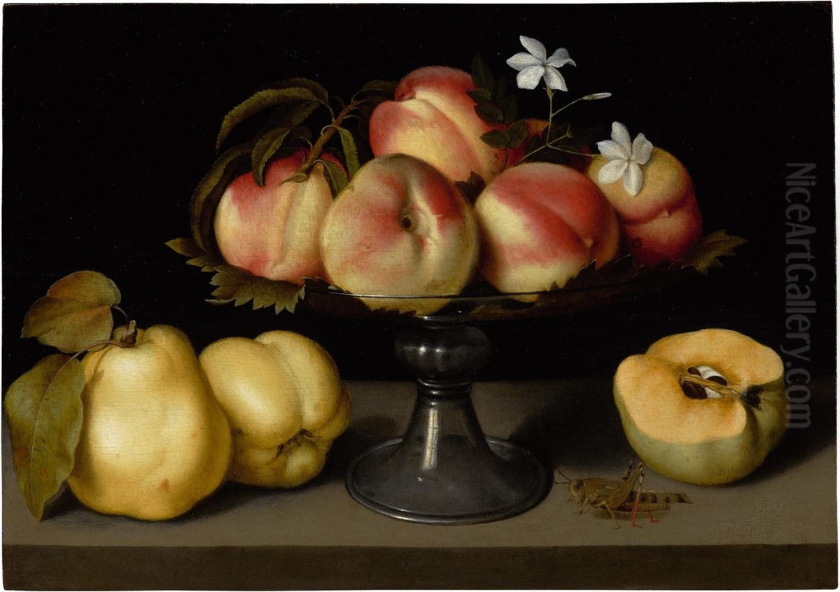A Glass Compote With Peaches, Jasmine Flowers, Quinces And A Grasshopper Oil Painting by Fede Galizia
