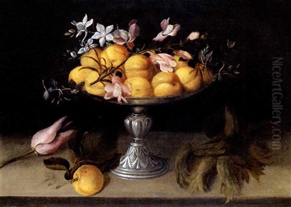 Alzata Metallica Con Pesche, Gelsomini E Un Ramo Di Giacinto, Sul Piano Una Pesca, Tulipano E Nocciole Oil Painting by Fede Galizia