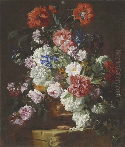 Roses, Peonies, Poppies, Carnations, Guelder Roses And Other Flowers In A Sculpted Terracotta Vase On A Stone Ledge Oil Painting by Hieronymus Galle I