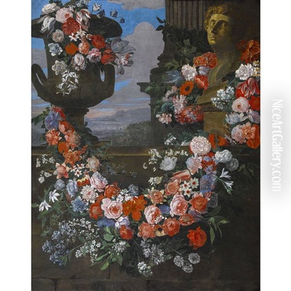 Stillleben Mit Blumengirlande, Kratervase Und Buste Oil Painting by Hieronymus Galle I