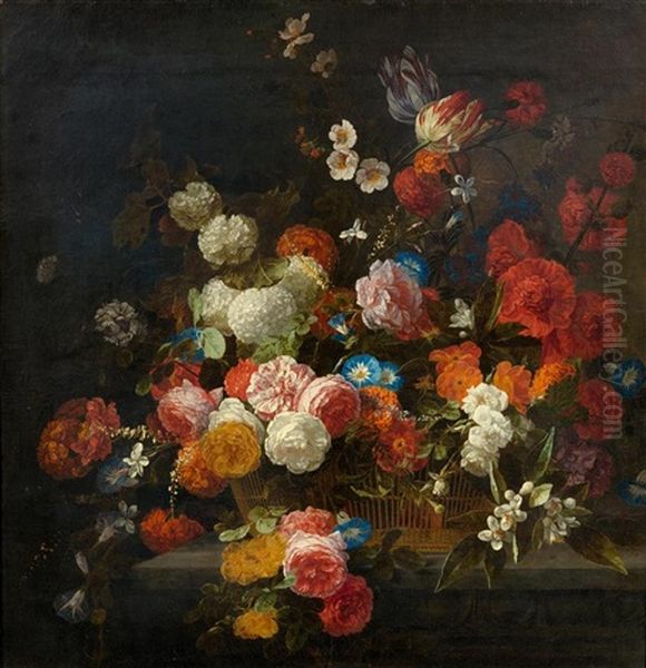 A Bouquet Of Flowers In A Basket With Roses, Snowballs And Tulips Oil Painting by Hieronymus Galle I