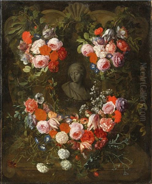 Buste De La Vierge En Grisaille Dans Une Couronne De Fleurs Oil Painting by Hieronymus Galle I