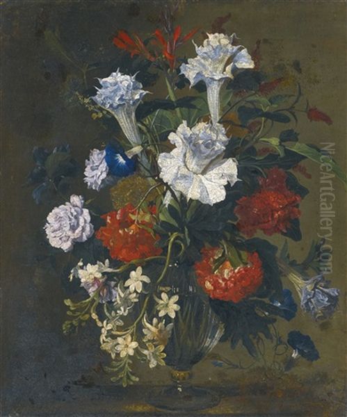 Still Life With Carnations, Lilies, Peonies And Other Flowers In A Glass Vase Oil Painting by Hieronymus Galle I