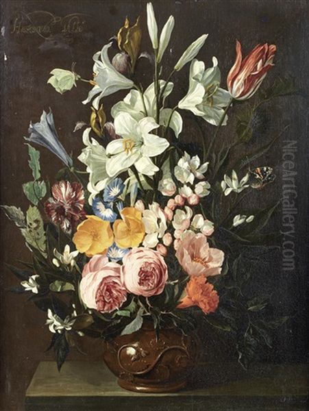 Roses, Lilies, Tulips And Other Flowers In An Earthenware Vase On A Table-top Oil Painting by Hieronymus Galle I