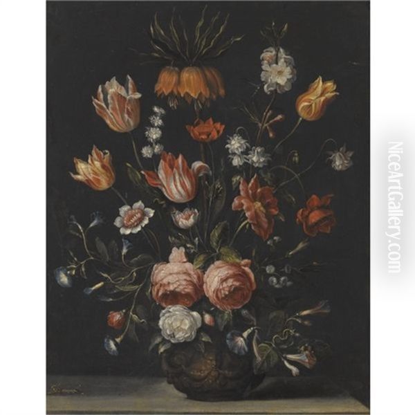 Still Life With Tulips, Roses, Petunias And Other Flowers In A Vase Resting On A Stone Plinth Oil Painting by Hieronymus Galle I