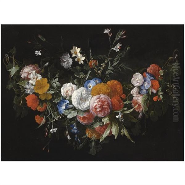 A Swag Of Flowers, Including Roses And Morning Glory Oil Painting by Hieronymus Galle I
