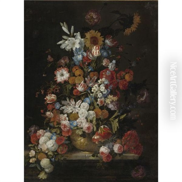 Still Life Of Roses, Tulips, Morning Glories, Irises, Carnations, Lilies, Snowballs, A Sunflower And Other Flowers, In A Sculpted Vase Resting On A Ledge Oil Painting by Hieronymus Galle I