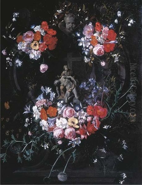 A Trompe L'oil Relief Of The Pieta In A Stone Carved Tondo, Surrounded By Festoons Of Flowers And Thistles Oil Painting by Hieronymus Galle I