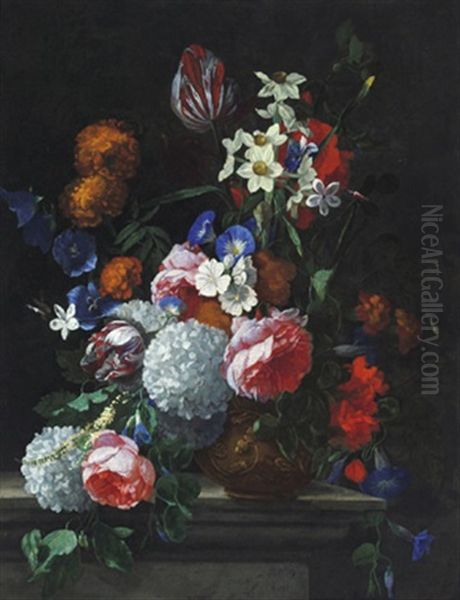 Ein Blumenstraus Mit Tulpen, Narzissen, Schneeballen, Peonien, Rosen Und Anderen Bluten In Einer Verzierten Vase Auf Einer Tischplatte Oil Painting by Hieronymus Galle I