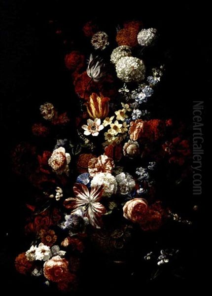 Still Life Of Tulips, Roses, Narcissi, Chrysanthemums, Carnations, Orange Blossom And Irises In A Gilt Urn, Placed Upon A Table-top Oil Painting by Hieronymus Galle I