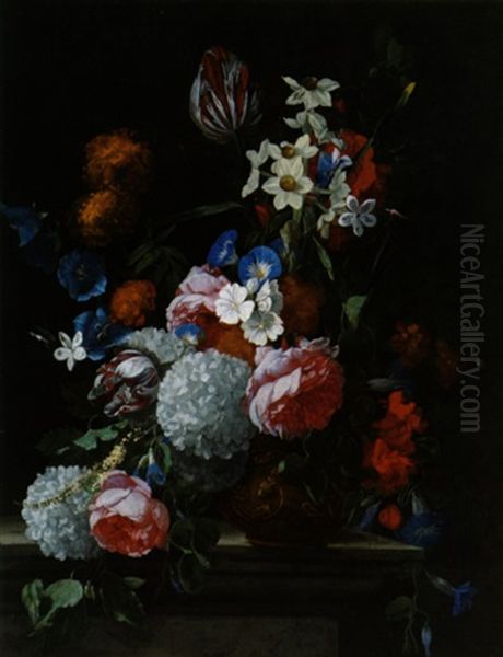 Ein Blumenstraus Mit Tulpen, Narzissen, Schneeballen, Peonien, Rosen Und Anderen Bluten In Einer Verzierten Vase Oil Painting by Hieronymus Galle I