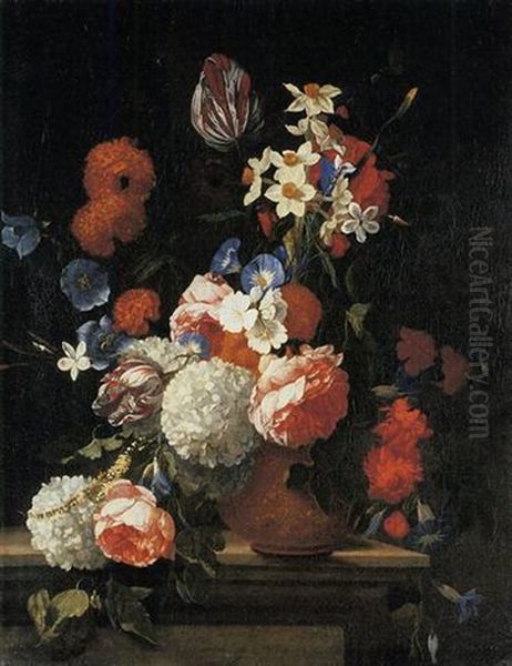 Tulips, Peonies, Morning Glory, Narcissi And Other Flowers In A Decorated Vase On A Ledge Oil Painting by Hieronymus Galle I
