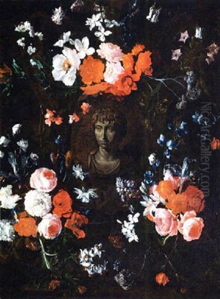 A Flower Garland Around A Cartouche With A Painted Bust Of Emperor Oil Painting by Hieronymus Galle I